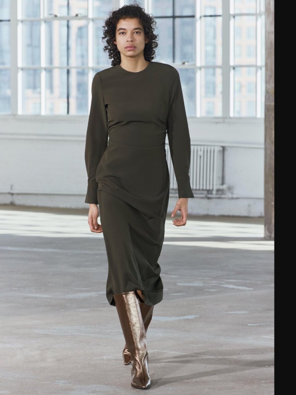 ZARA ZW COLLECTION DARK KHAKI LONG SLEEVES GATHERED MIDI DRESS SIZE XL NWOT